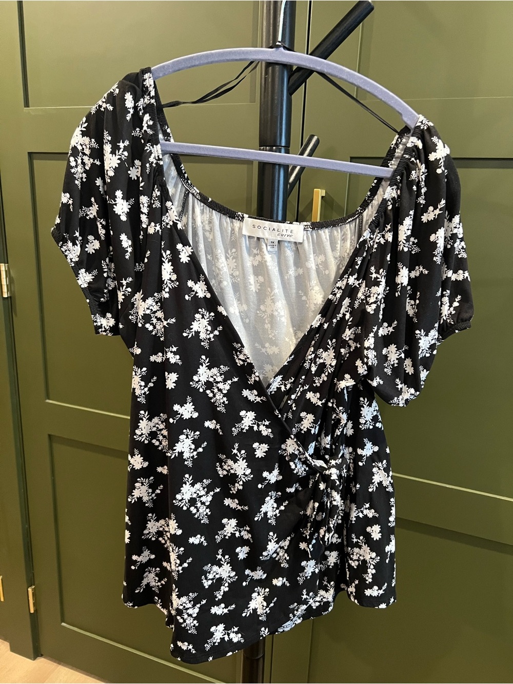 Socialite Black & White Floral Wrap Blouse